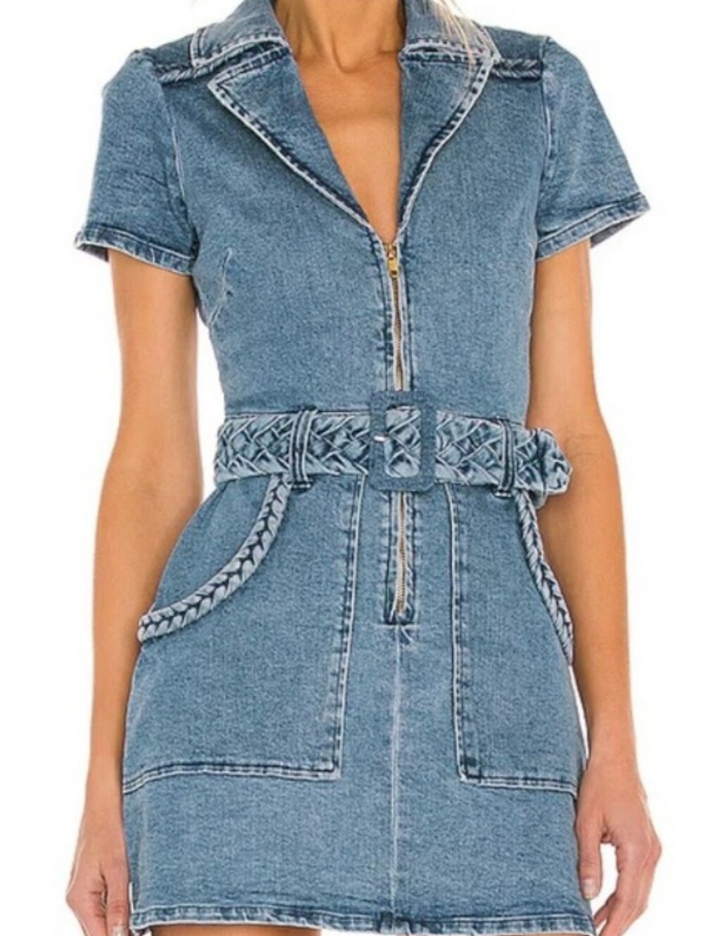 Show Me Your MuMu Light Blue Denim Mini Dress with Braided Belt